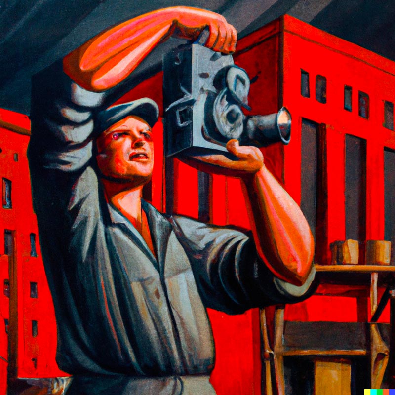 AI-created image with prompt: A painting in the tradition of soviet realism in which a factory worker is proudly holding a camera.